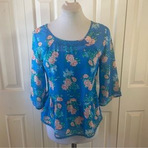 Mudd Sheer Blue Floral Ruffle Top Blouse w/ Cami Tank NWOT sz 14
